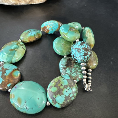Blue Green Turquoise Nugget Chunky Navajo Sterling Silver Necklace 20” 19250