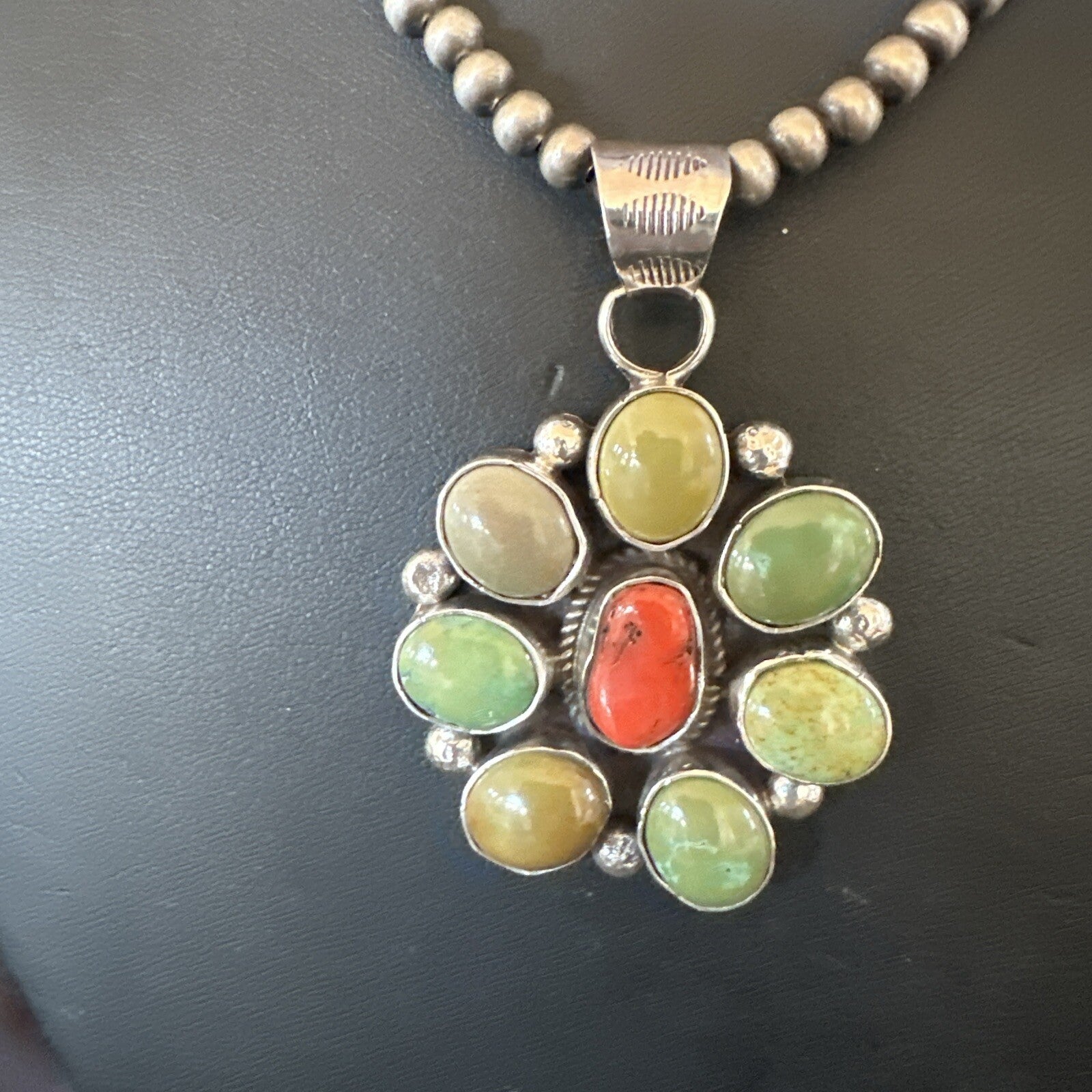 Navajo Sterling Cluster Red Turquoise Pendant Necklace 17712