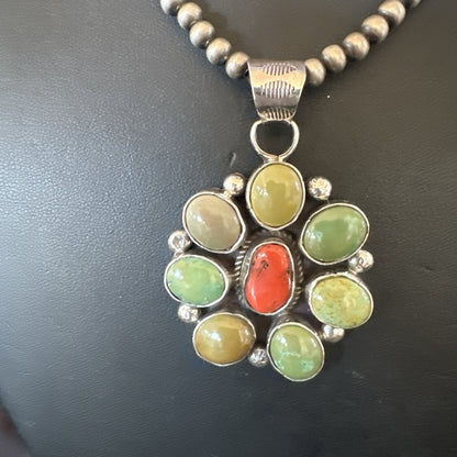Navajo Sterling Cluster Red Turquoise Pendant Necklace 17712