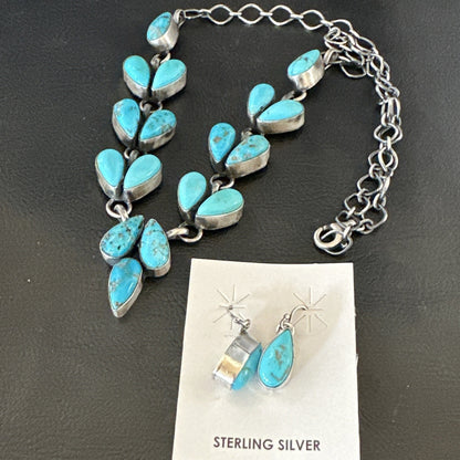 Kingman Turquoise Navajo Sterling Silver Earrings & Lariat Necklace 19" 19278