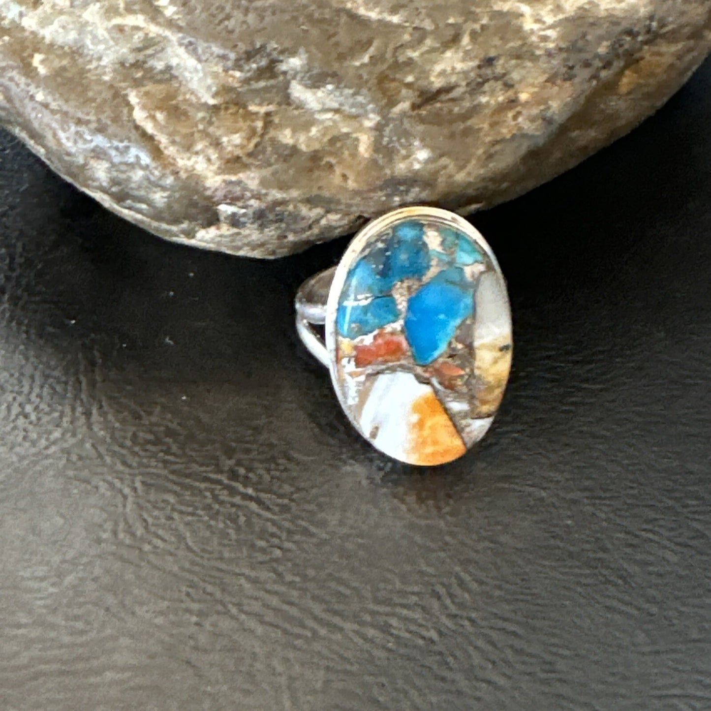 Blue Turquoise Spiny Oyster Southwestern Sterling Silver Ring Size 11 18448