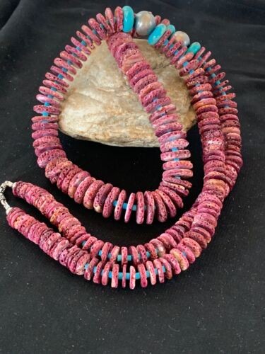 Navajo Necklace Purple Spiny Oyster & Turquoise Navajo Pearls 28" 3239