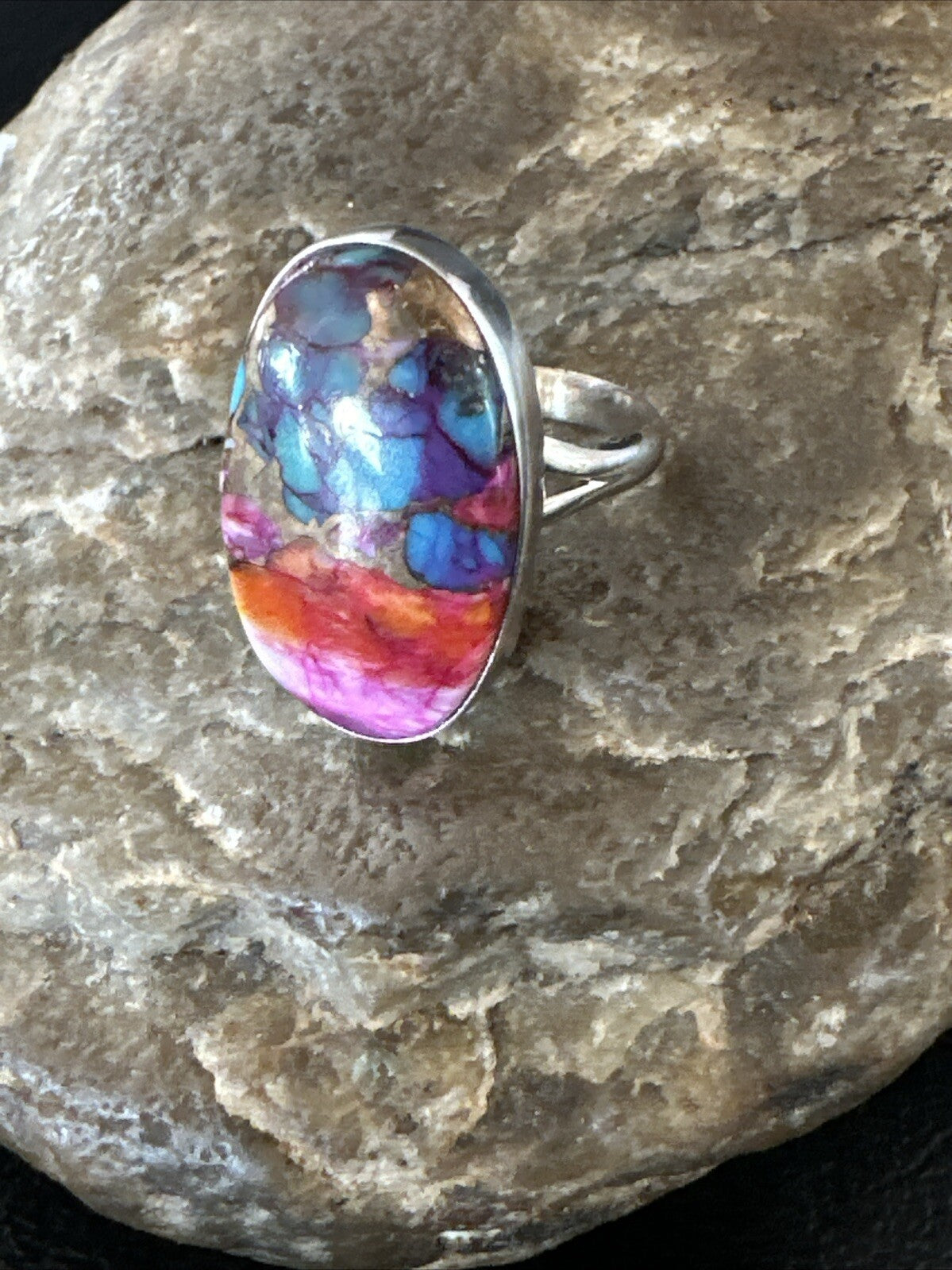 Blue Turquoise Purple Spiny Oyster Navajo Sterling Silver Ring Size 6 18204