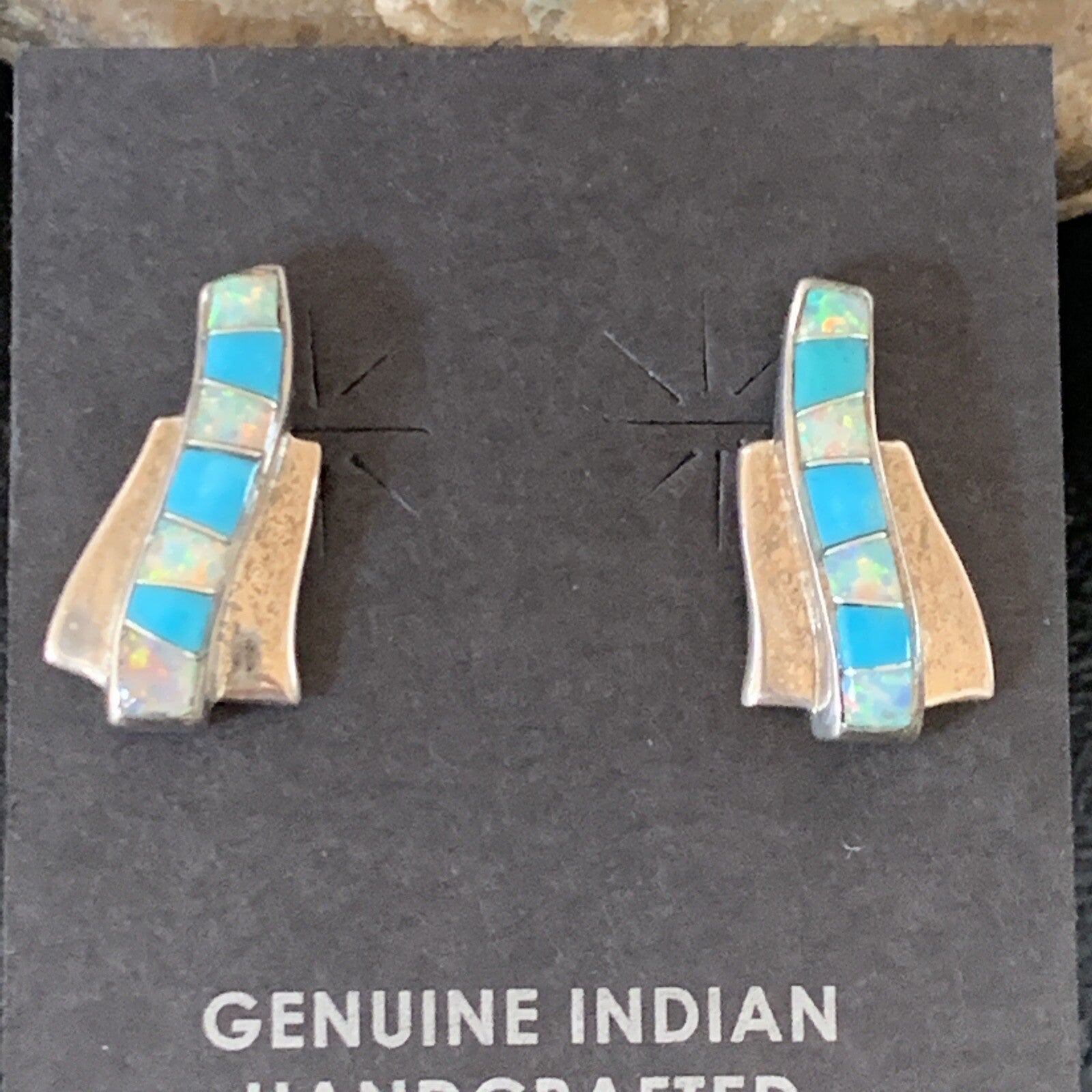 Womens Blue Turquoise & White Opal Navajo Sterling Silver Inlay Earrings 12898