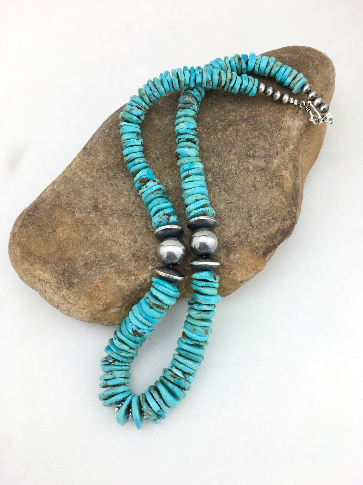Native Blue Graduated Turquoise Navajo Sterling Silver Necklace 20" 04809