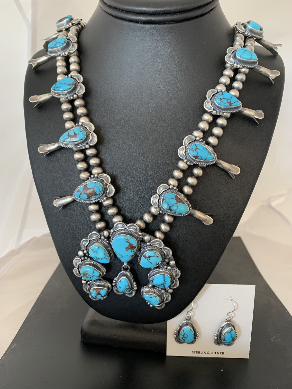 Blue Egyptian Turquoise Sterling Silver Beads Squash Blossom Necklace 17201