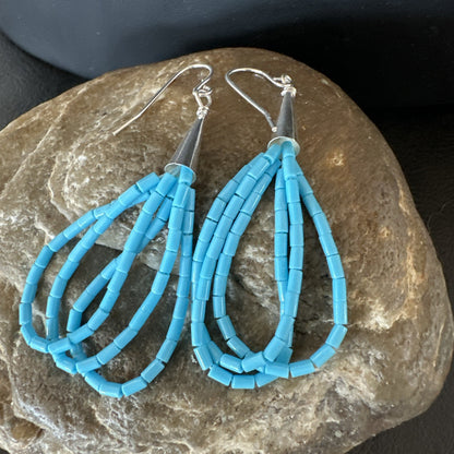 Blue Turquoise 3 Strand Sterling Silver Heishi Dangle 2” Earrings 18196