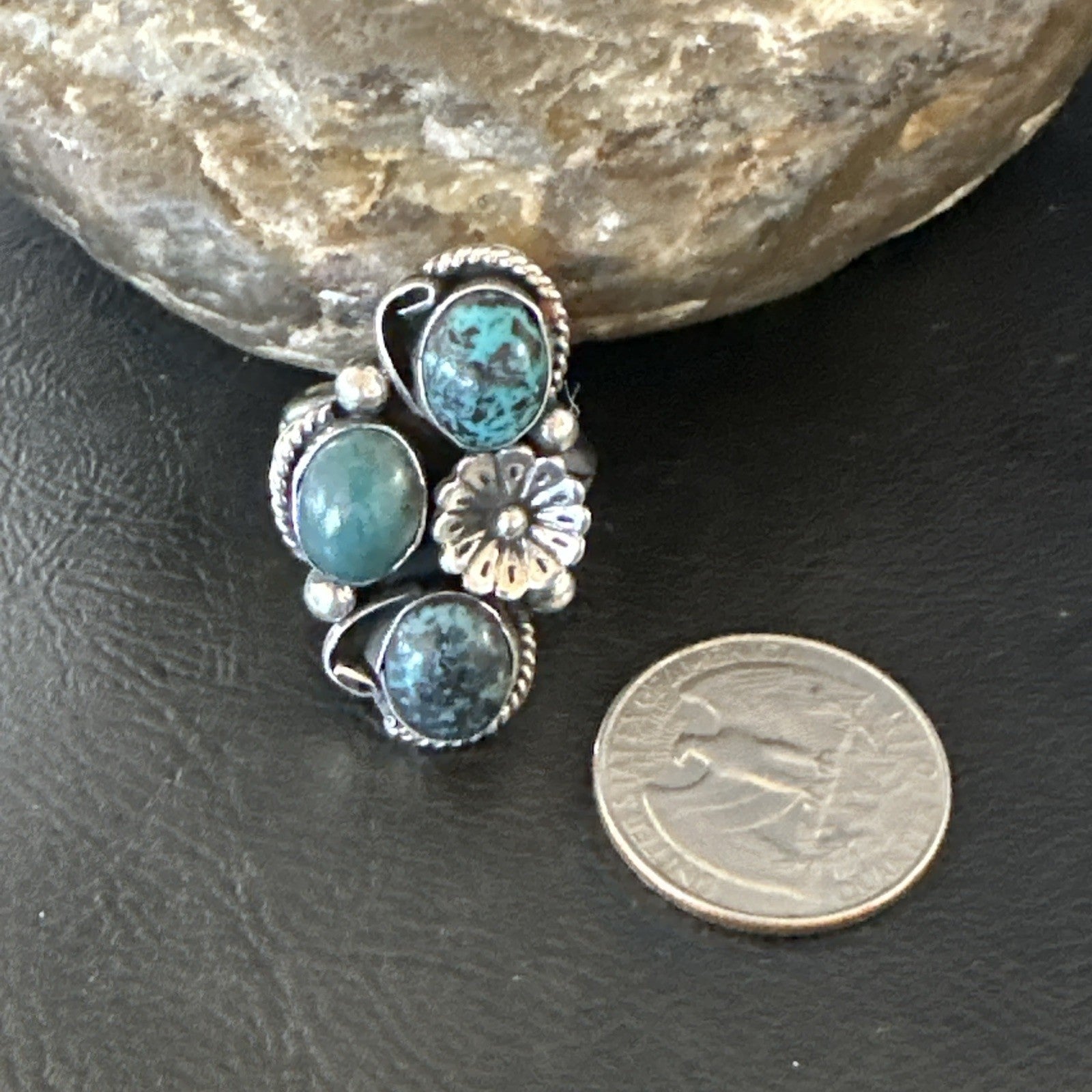 Yazzie Ring Blue Turquoise Navajo Sterling Silver Cluster Size 8.5 19238