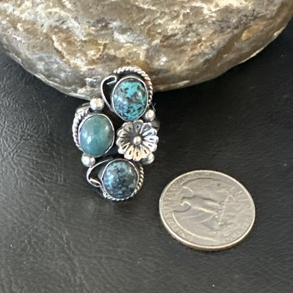 Yazzie Ring Blue Turquoise Navajo Sterling Silver Cluster Size 8.5 19238