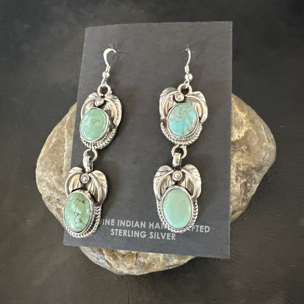 Navajo Blue Green Turquoise Dangle Earrings 2" | Sterling Silver | Authentic Native American Handmade | 17917