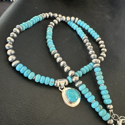 Mens Blue Kingman Turquoise Pendant Navajo Sterling Silver Necklace 21" 17904