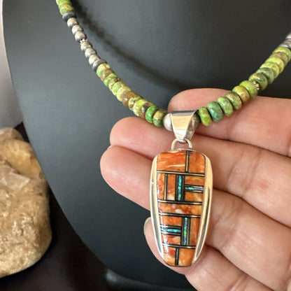 Green Turquoise Orange Spiny Pendant Sterling Silver Necklace 21” 19228
