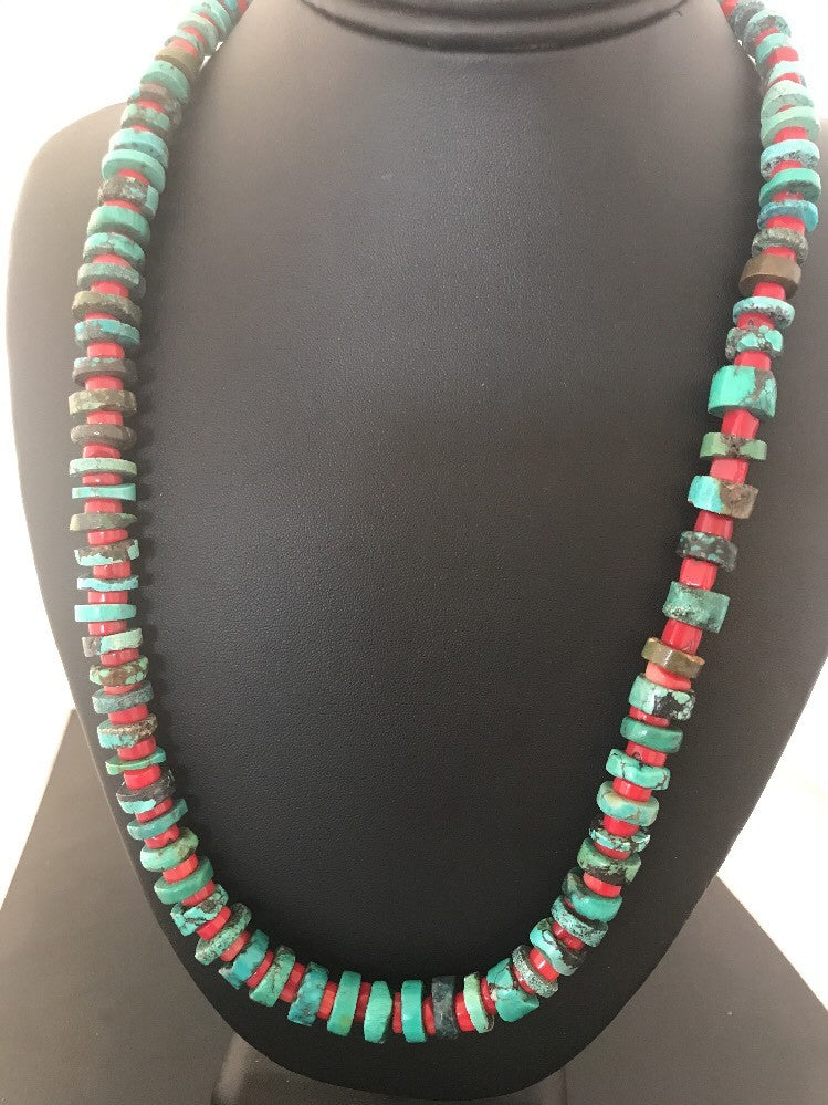 Navajo Mens  Sterling Silver Heishi Turquoise Coral Necklace 8506