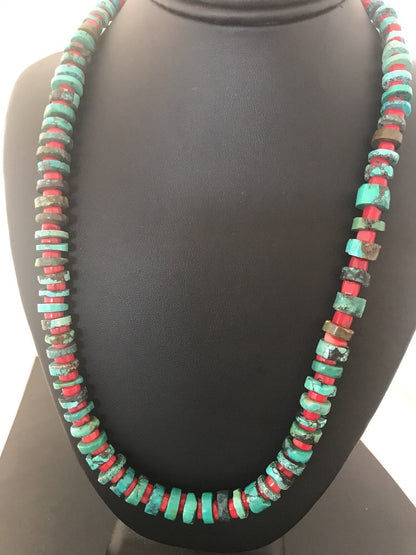 Navajo Mens  Sterling Silver Heishi Turquoise Coral Necklace 8506