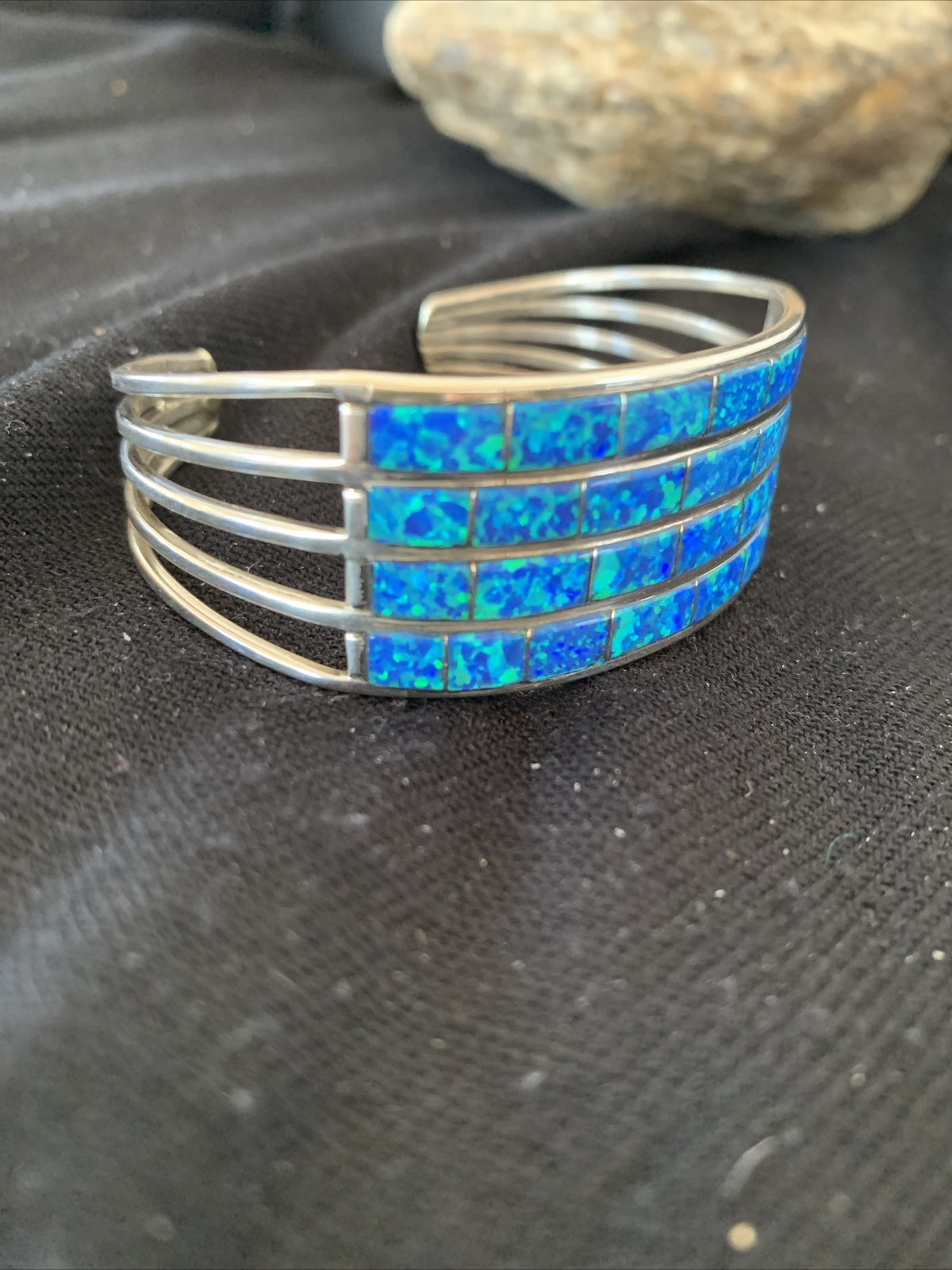 Blue Faux Opal Southwestern Zuni Sterling Silver Cuff Inlay Bracelet 01028