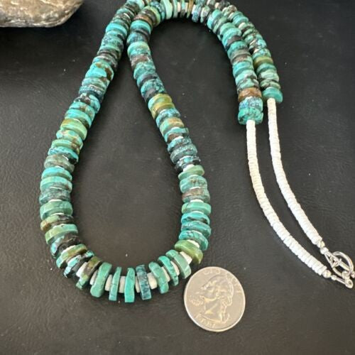 Native Navajo Turquoise Shell Heishi Bead Necklace Sterling 32" 15529