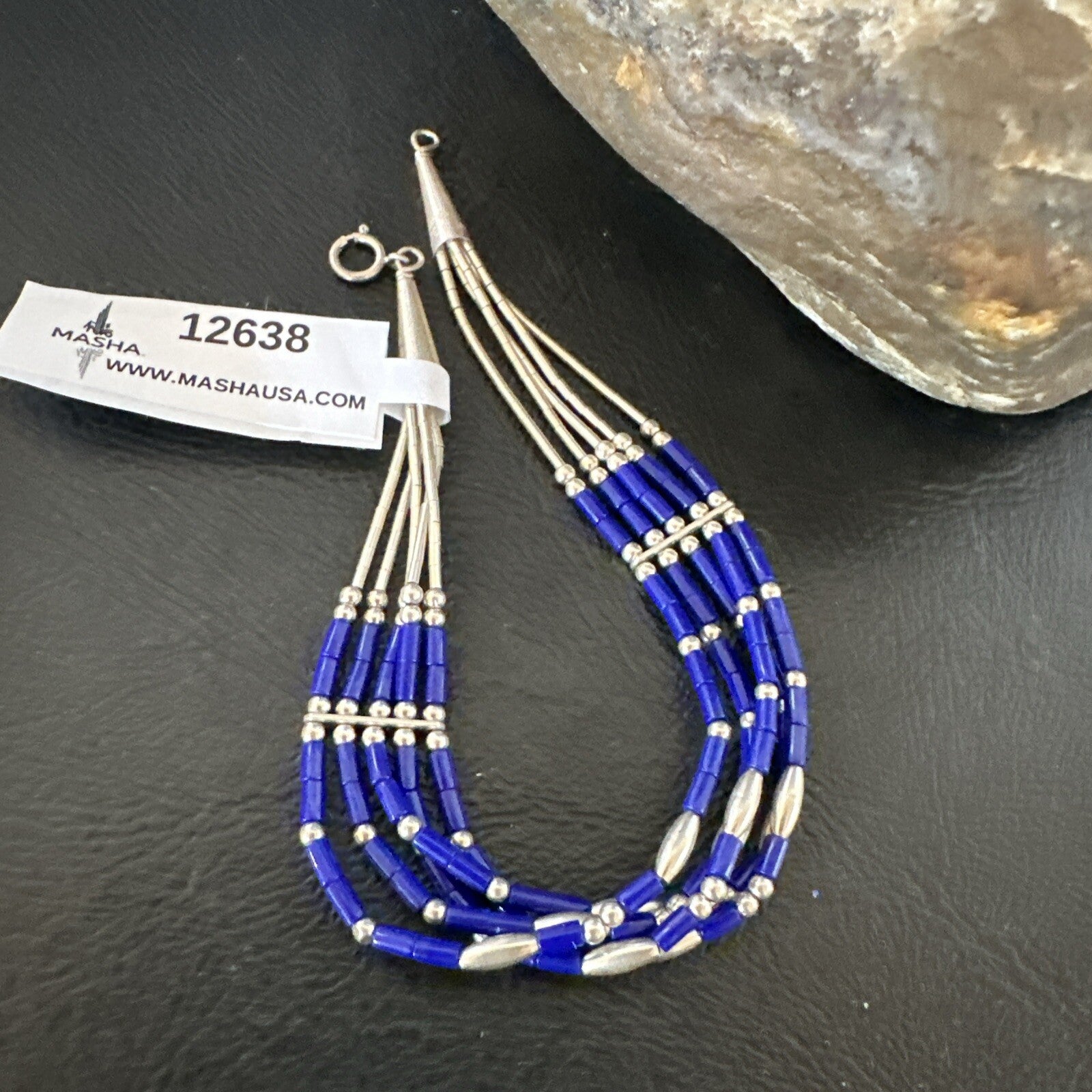 Lapis Stabilized Liquid Heishi 5 Strands Sterling Silver Bracelet 7.25" 12638