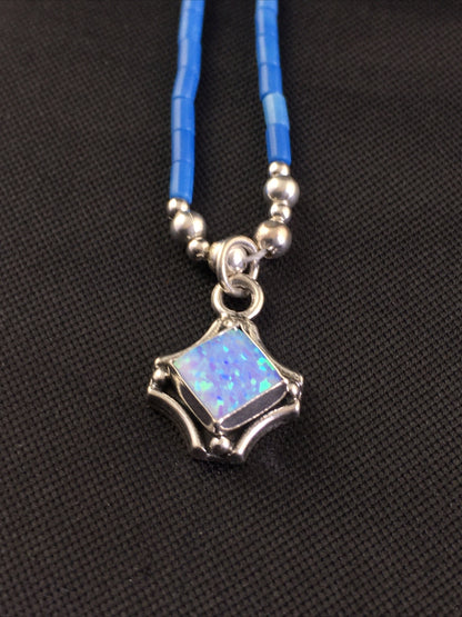 Girls Opal Pendant Lapis Beads Sterling Silver Necklace 15" 10124