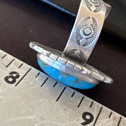 Blue Kingman Turquoise Navajo Sterling Silver Adjustable Ring Size 8 18825