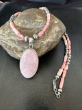 Southwestern Pink Coral Bead Necklace Quartz Pendant 24" | Sterling Silver | Authentic Native American Handmade | 19586