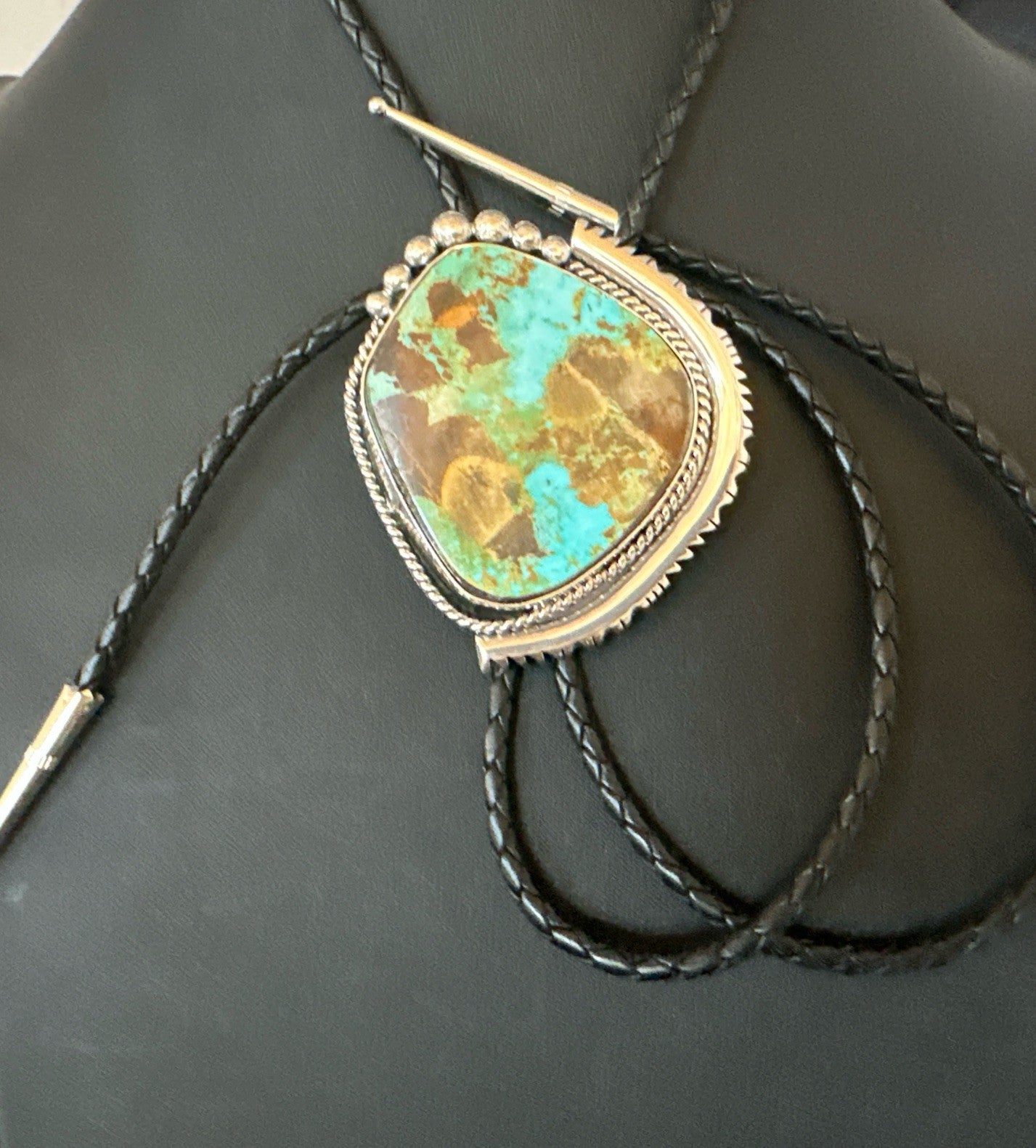 Native Mens Blue Green Royston Turquoise Bolo Tie Sterling Silver Navajo 19752