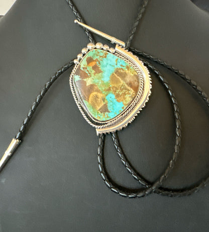 Native Mens Blue Green Royston Turquoise Bolo Tie Sterling Silver Navajo 19752