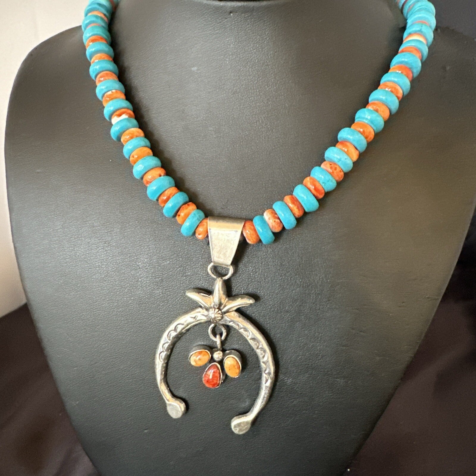 Mens Blue Turquoise Spiny Naja Pendant Navajo Sterling Silver Necklace 23" 17691