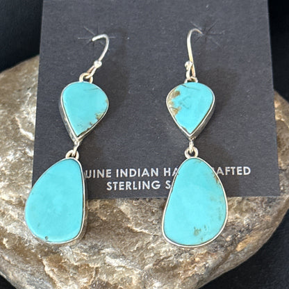 Blue Kingman Turquoise Navajo Sterling Silver Dangle 1.5" Earrings 14576