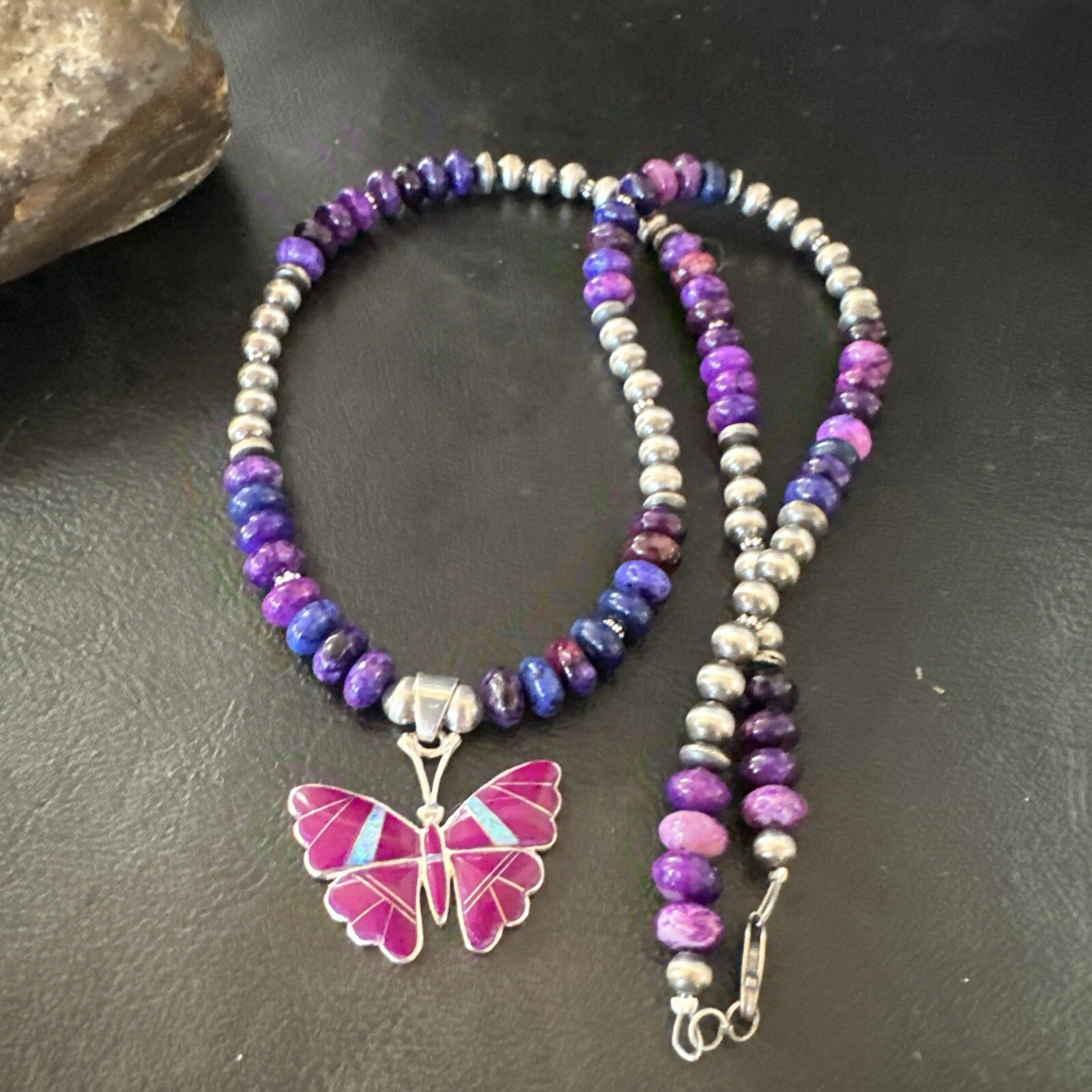Butterfly Purple Stone Opal Pendant Navajo Sterling Silver Necklace 18732
