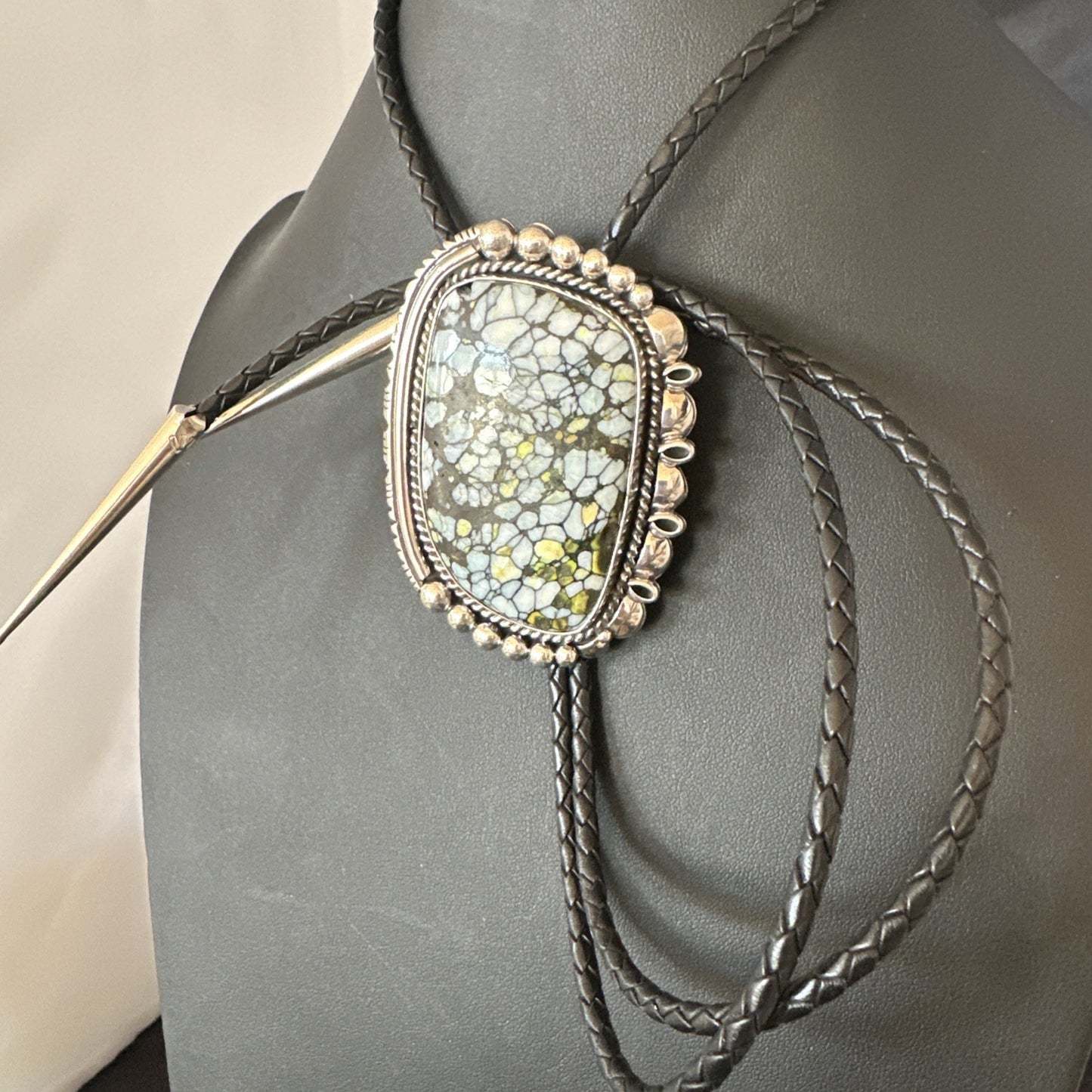 Mens BOLO TIE WHITE BUFFALO TURQUOISE Sterling Silver Navajo 2.7”19595