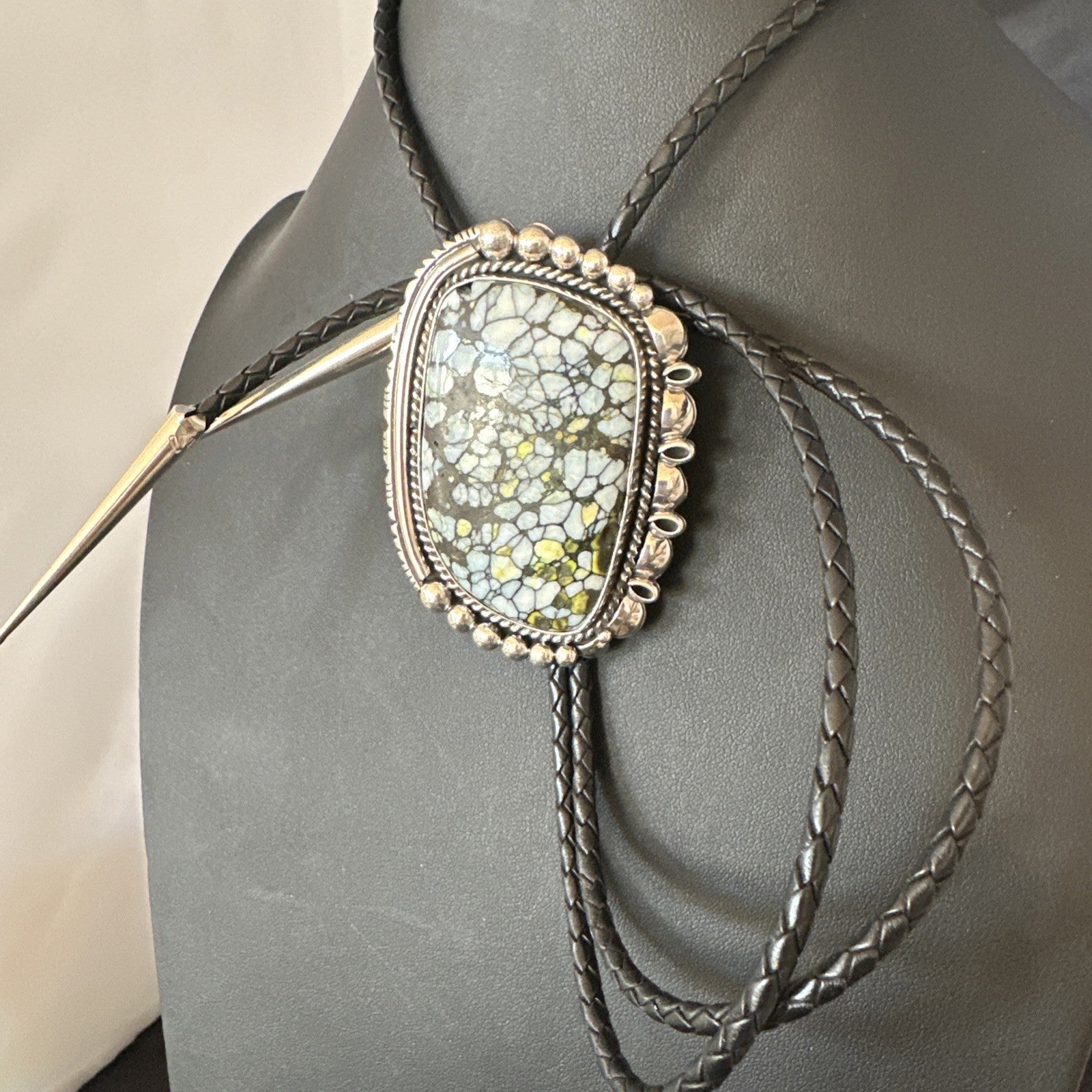 Mens BOLO TIE WHITE BUFFALO TURQUOISE Sterling Silver Navajo 2.7”19595