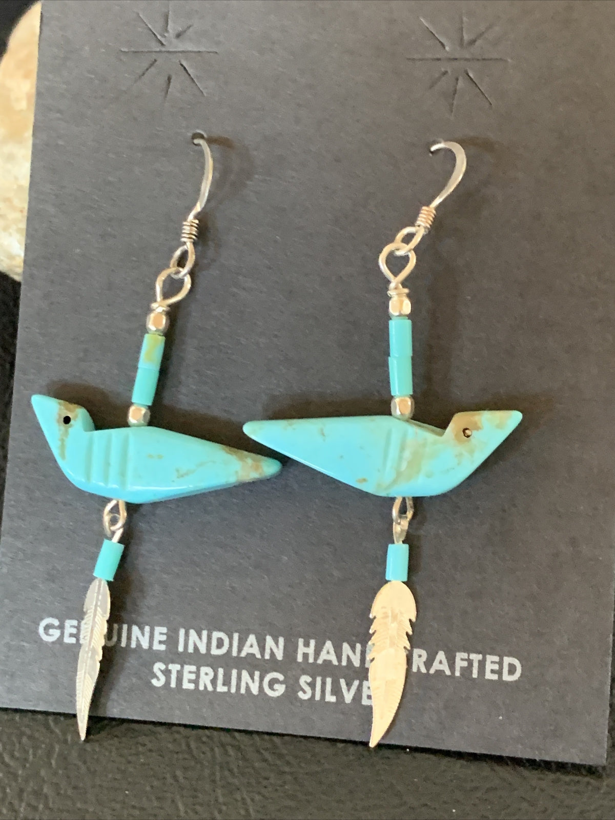 Native American Navajo Blue Turquoise Fetish Sterling Silver Earrings 1.5" 13055