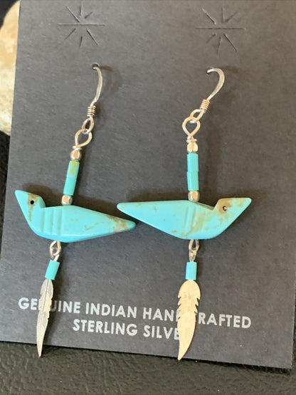 Native American Navajo Blue Turquoise Fetish Sterling Silver Earrings 1.5" 13055