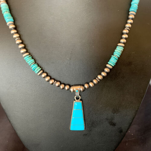 Blue Turquoise Inlay Pendant Navajo Pearls Sterling Silver Necklace 12613