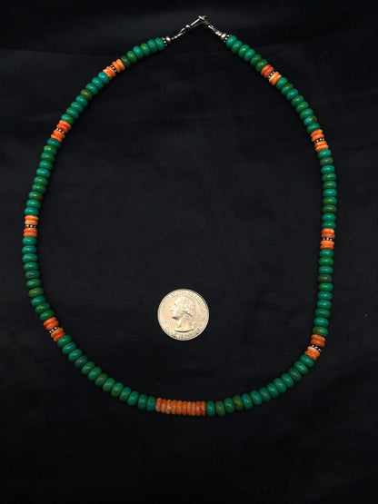 Green Turquoise & Spiny Oyster Navajo Sterling Silver Necklace 19" 04488