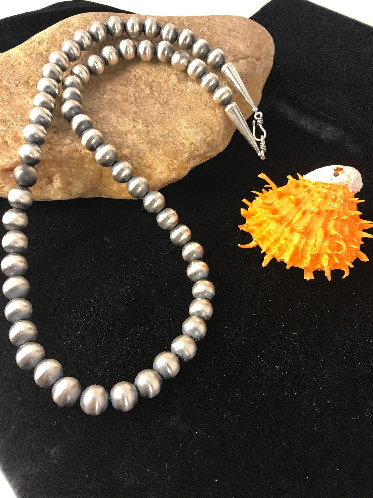Native American 10mm Sterling Silver Beads 28" Hook & Eye Cone Necklace