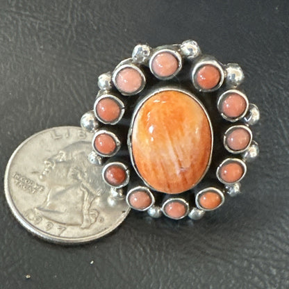 Orange Spiny Oyster Cluster Navajo Sterling Silver Ring Size 10 18397
