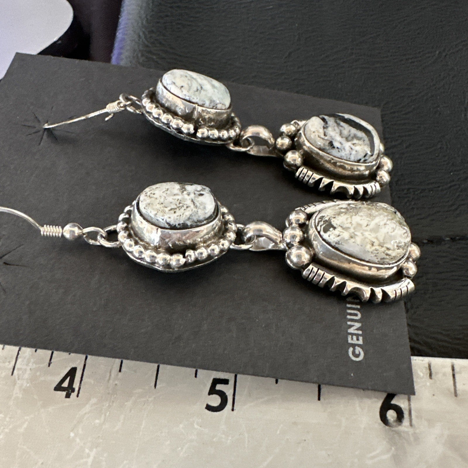 Womens Navajo White Buffalo Turquoise Sterling Silver Dangle Earrings 2" 19309