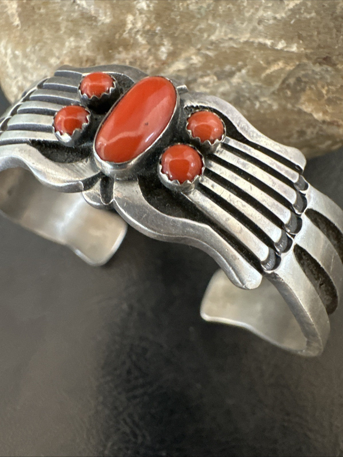 Mens Womens Red Coral Navajo Sterling Silver Cluster Cuff Bracelet 7" 19697