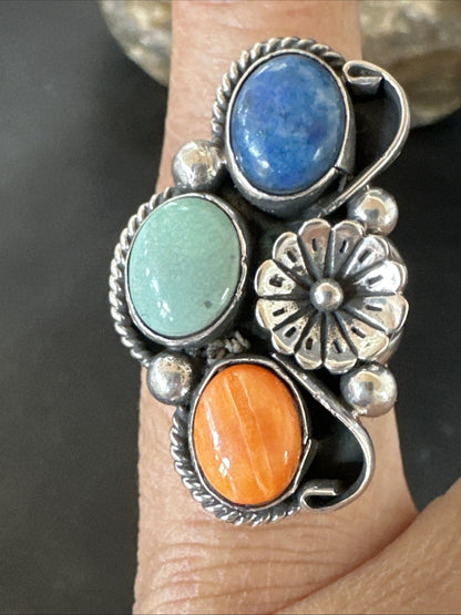 Multicolor Ring Turquoise Spiny Navajo Sterling Silver Cluster Size 8.5 19189