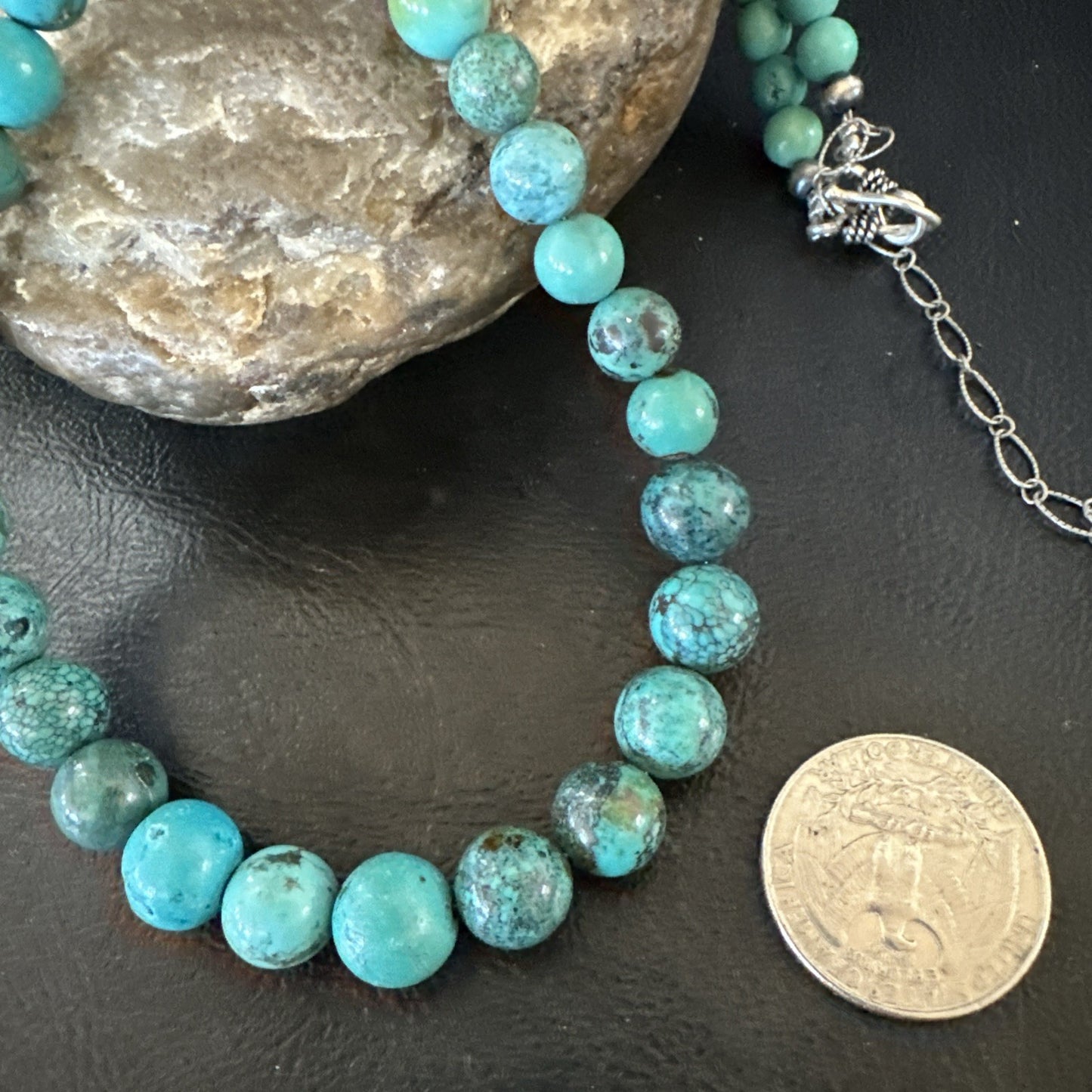 Native Spiderweb Turquoise Bead Navajo Sterling Silver Necklace 18” 19157