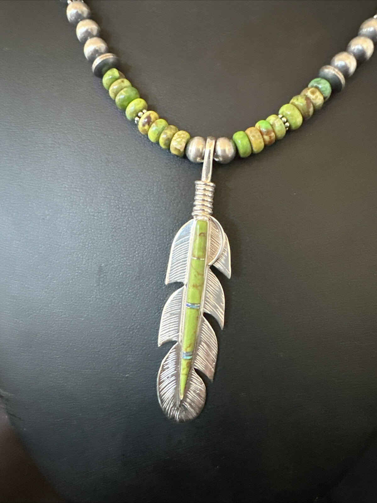 WoMens Green Gaspeite Turquoise Opal Leaf Pendant Sterling Silver Necklace 18665