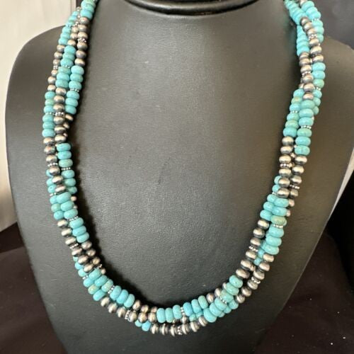 Navajo Pearls Blue Turquoise Necklace 3-Strand Sterling Silver 16305