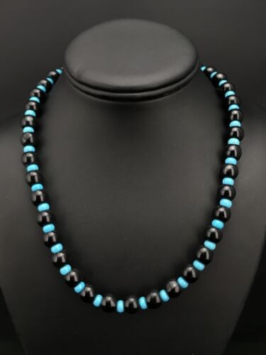 Navajo Black Onyx & Turquoise Bead Necklace Sterling Silver 18" 4882