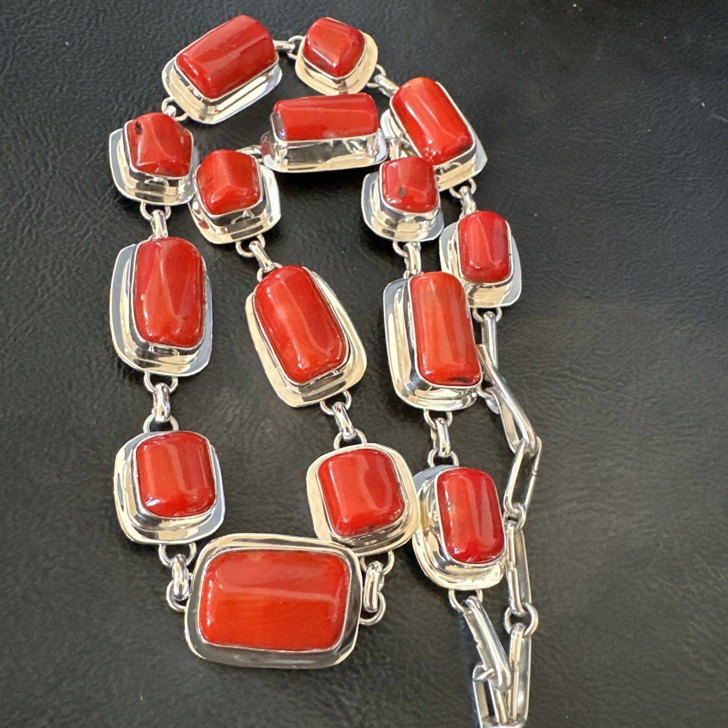 Handmade Women Red Coral Choker Necklace Pendant Sterling Silver 20” 18411
