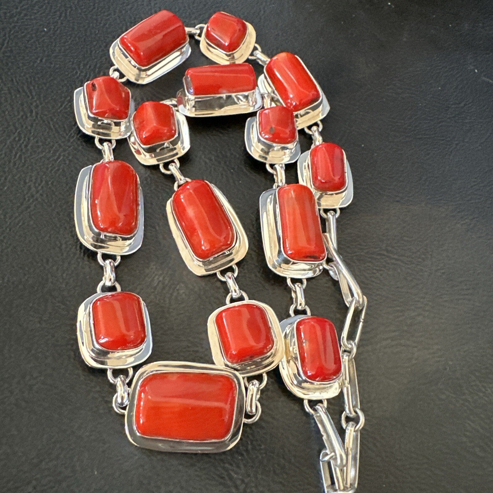Handmade Women Red Coral Choker Necklace Pendant Sterling Silver 20” 18411