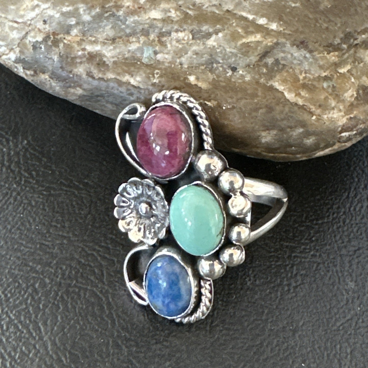 Multicolor Ring Turquoise Spiny Navajo Sterling Silver Cluster Size 8.5 19168