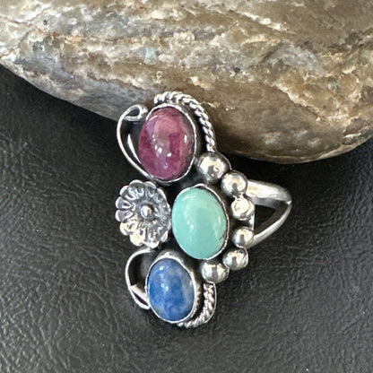 Multicolor Ring Turquoise Spiny Navajo Sterling Silver Cluster Size 8.5 19168