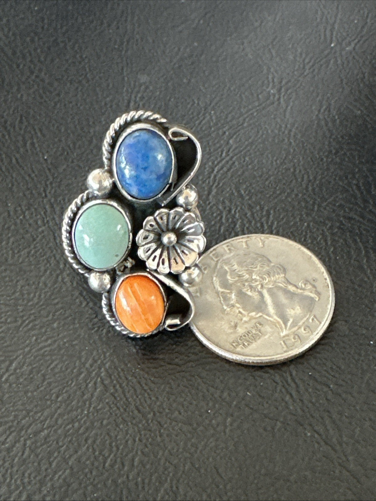 Multicolor Ring Turquoise Spiny Navajo Sterling Silver Cluster Size 8.5 19189