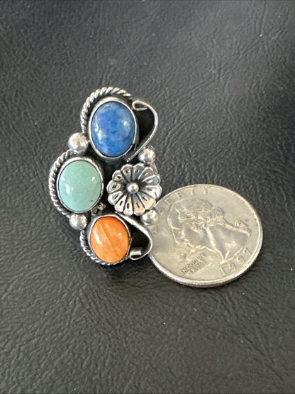 Multicolor Ring Turquoise Spiny Navajo Sterling Silver Cluster Size 8.5 19189